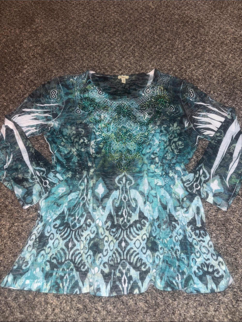 Reba Teal and Black Beaded Scoop Neck Top